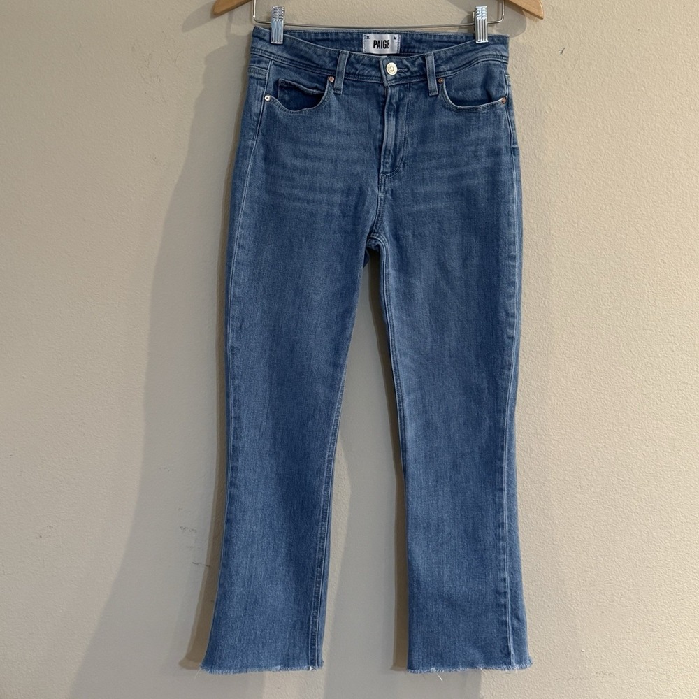 PAIGE Colette Crop‎ Flare Jeans Womens 27 High Rise Raw Hem Light Wash